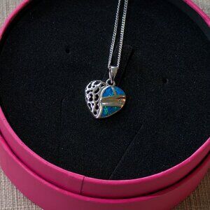 17” Sterling Silver Opal Heart Pendant + Chain, Gift idea, New